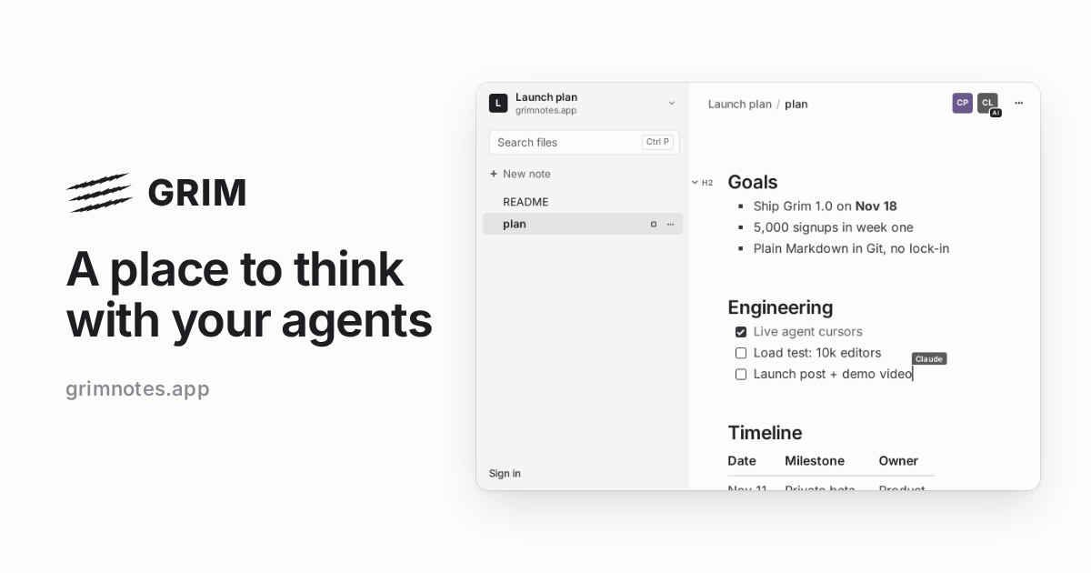 Grim — Grim is a collection of notes shared between you, your agents, and your team. Agents…